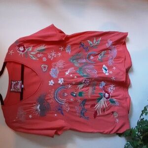 Johnny Was Vivid Coral Embroidered Tee